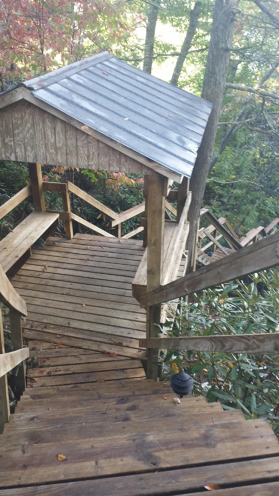 Metal roofed shelter over wooden steps on a wooded walkway — Skylight Repair & Installation work by our crew in Walnut Cove